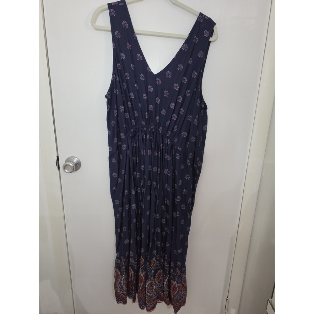 LUCKY BRAND V Neck Peasant Dress Womens 2X Blue Orange Rayon Bohemian Summer‎